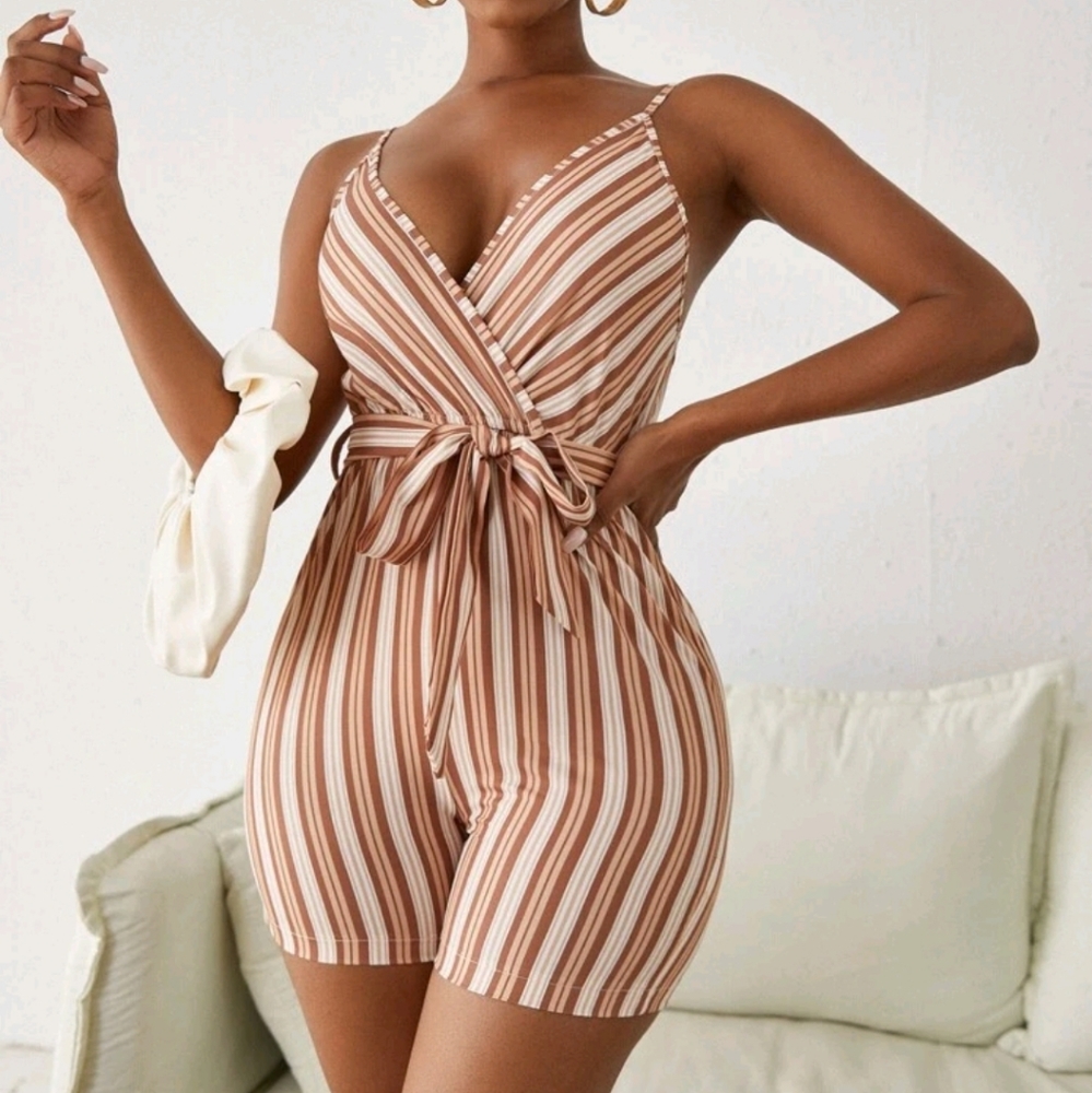 Striped print belted cami romper